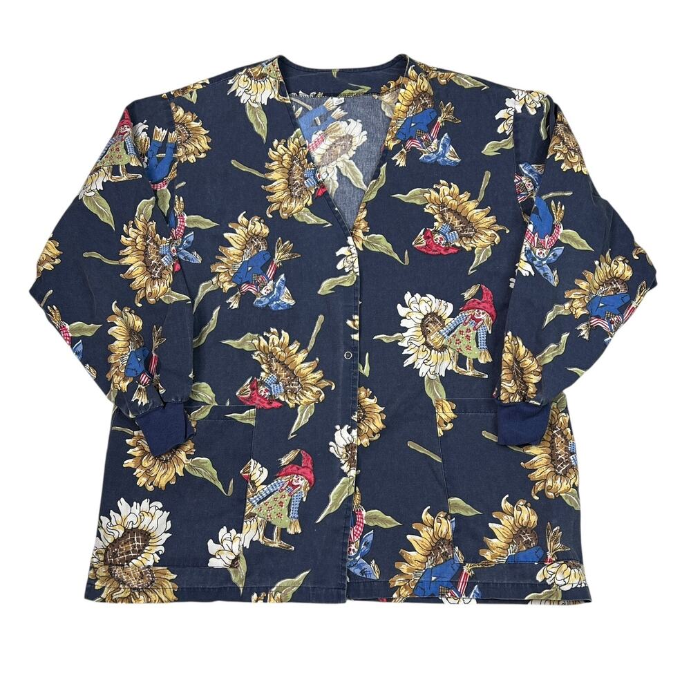 Vintage Scarecrow Sunflowers AOP Snap Front V-Neck Smock Shirt Blue Medium
